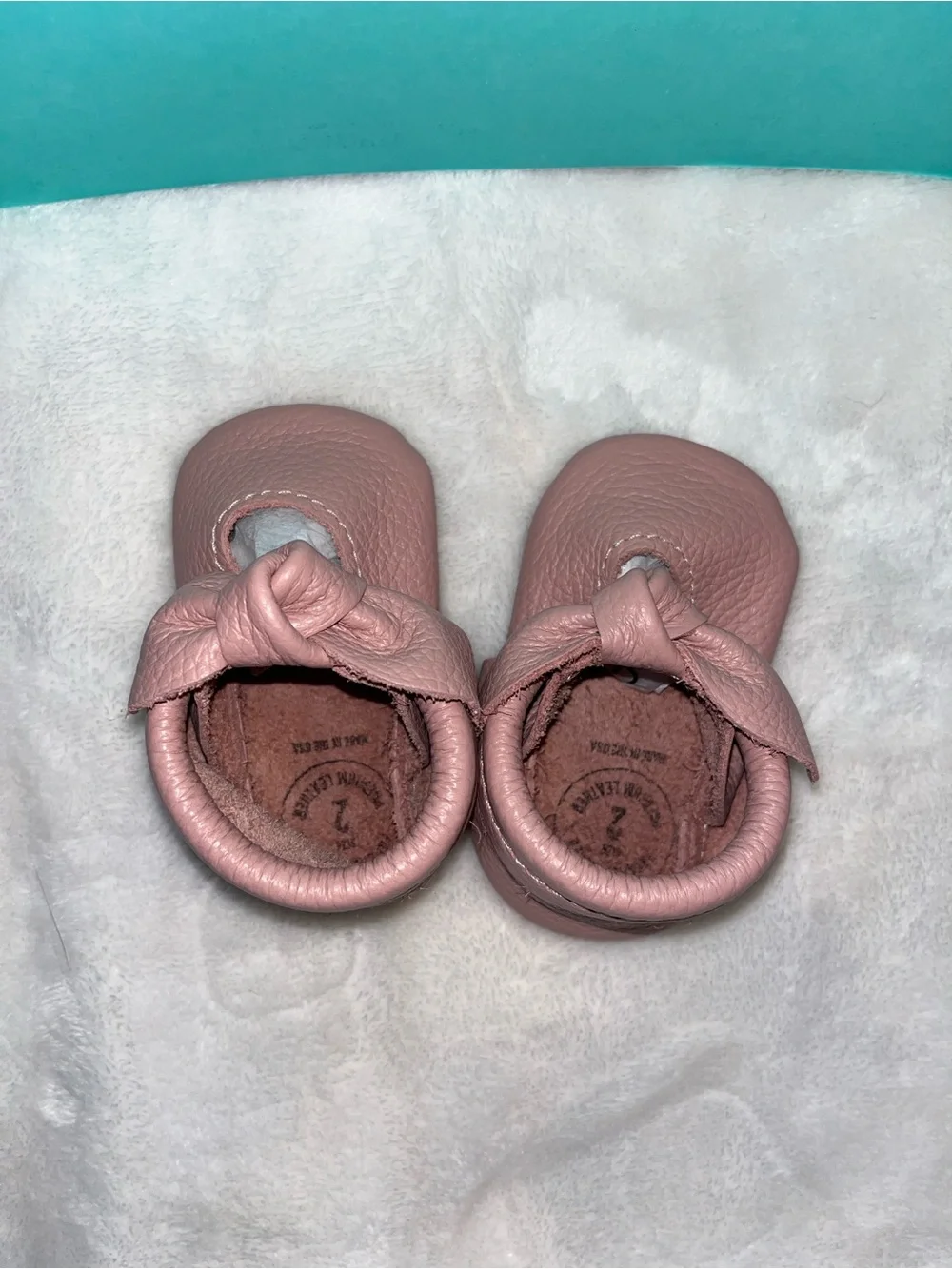 Freshly Picked Baby Moccasins in Dusty Rose with Knotted Bow
